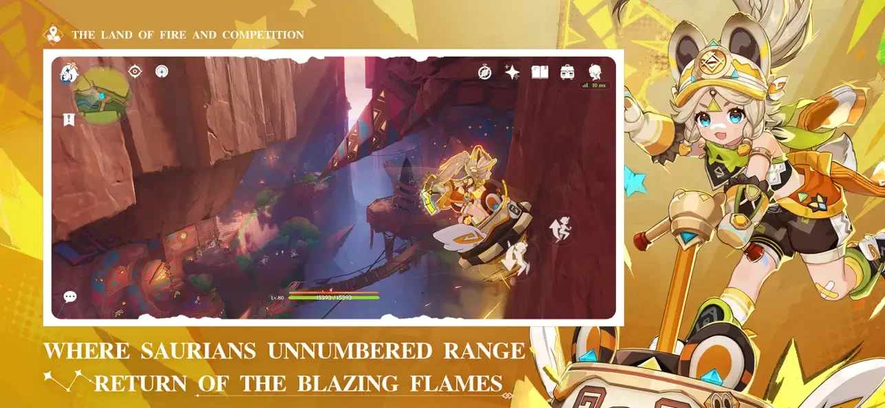 A character moves across a canyon in a gameplay inset beside a yellow-clad character illustration.
