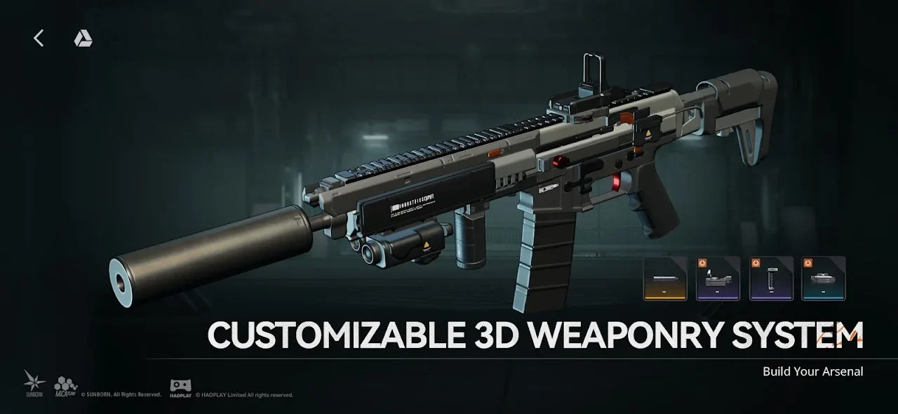 Weapon customization screen showing a firearm and selectable components.